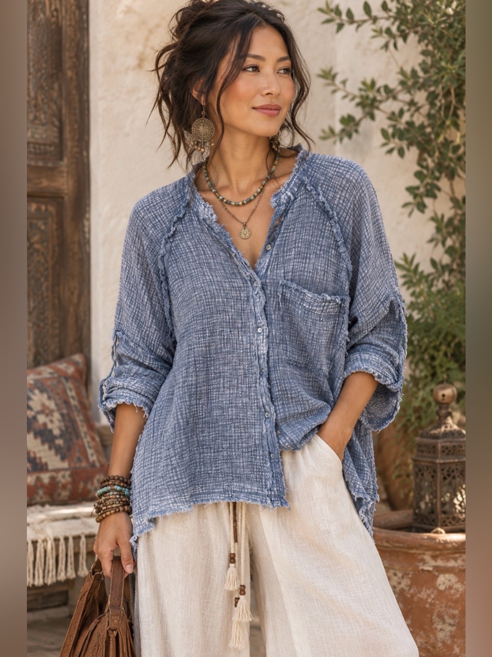 Relaxed Washed Blue Button-Down Shirt - Women's Lightweight Top